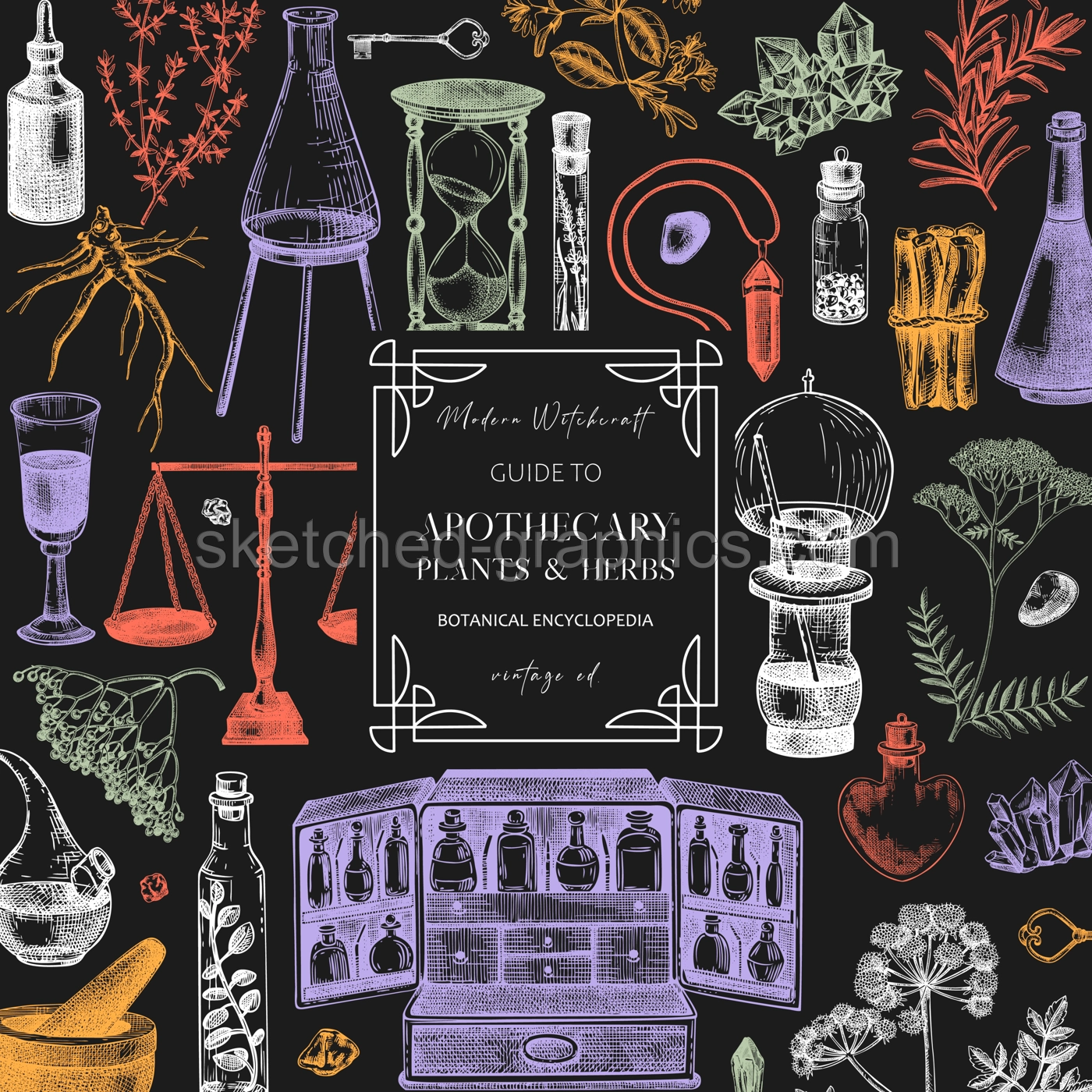 Antique apothecary background. Herbal medicin hand-drawn vector illustrations. Alchemy sketches on chalkboard. Bohemian chemistry card  design. NOT AI generated Illustration